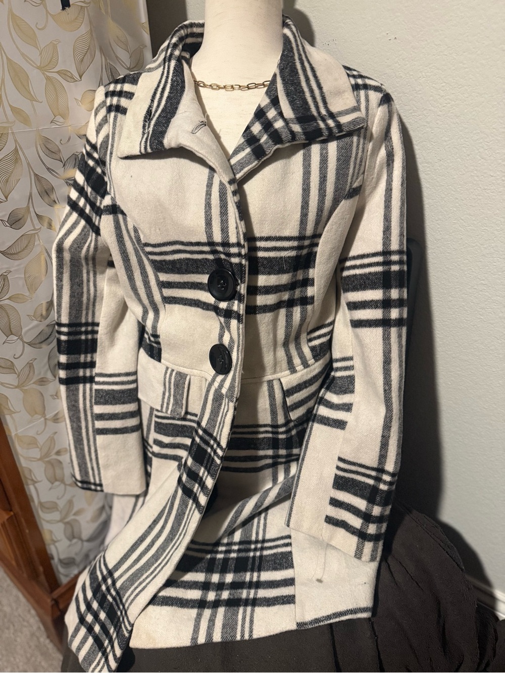 Black & Cream Plaid Pea Coat Y2K
